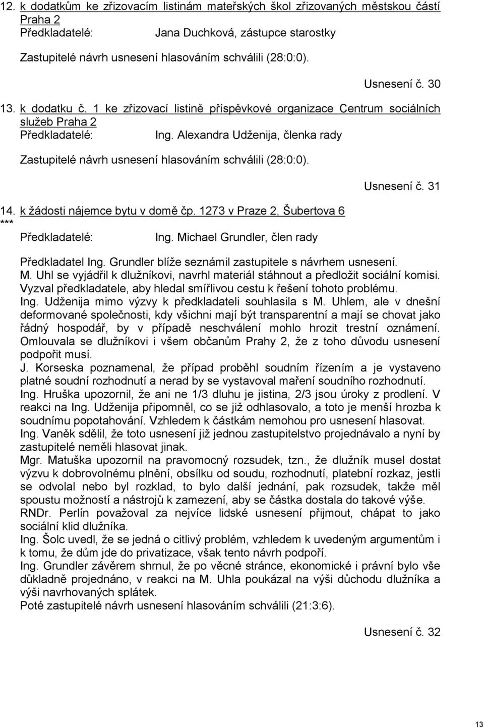 Alexandra Udženija, členka rady Zastupitelé návrh usnesení hlasováním schválili (28:0:0). Usnesení č. 31 14. *** k žádosti nájemce bytu v domě čp. 1273 v Praze 2, Šubertova 6 Předkladatelé: Ing.