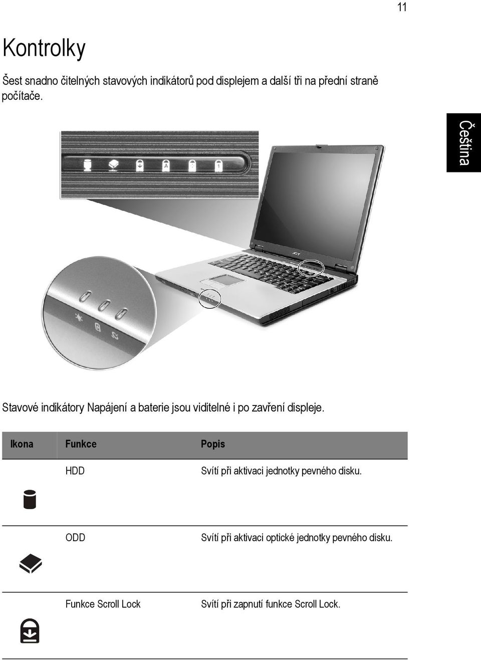 Stavové indikátory Napájení a baterie jsou viditelné i po zavření displeje.