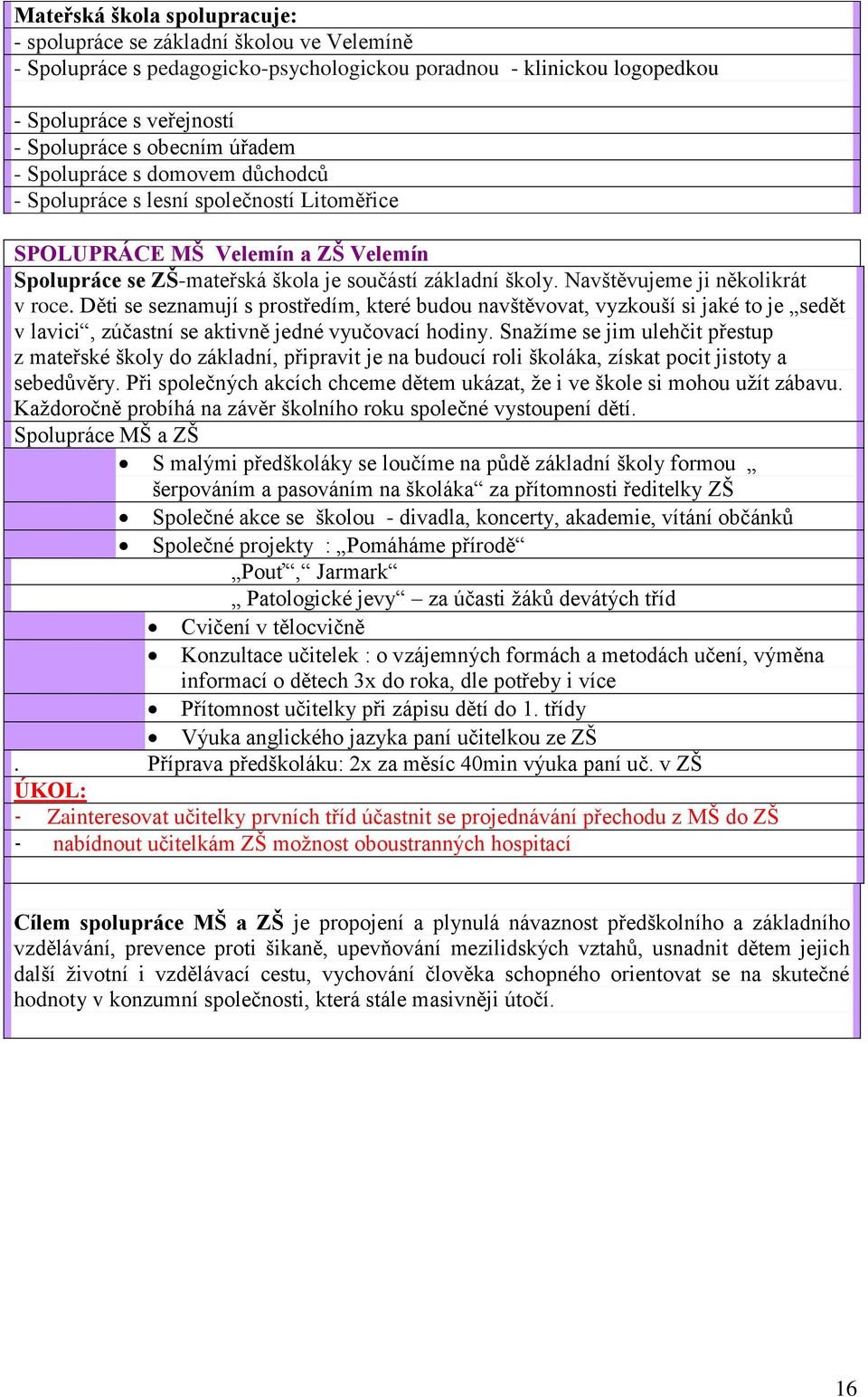 Navštěvujeme ji několikrát v roce. Děti se seznamují s prostředím, které budou navštěvovat, vyzkouší si jaké to je sedět v lavici, zúčastní se aktivně jedné vyučovací hodiny.