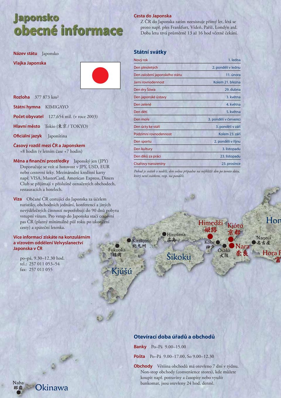 (v roce 2003) Hlavní město Tokio ( / TOKYO) Oficiální jazyk Japonština Časový rozdíl mezi ČR a Japonskem +8 hodin (v letním čase +7 hodin) Měna a finanční prostředky Japonský jen (JPY) Doporučuje se