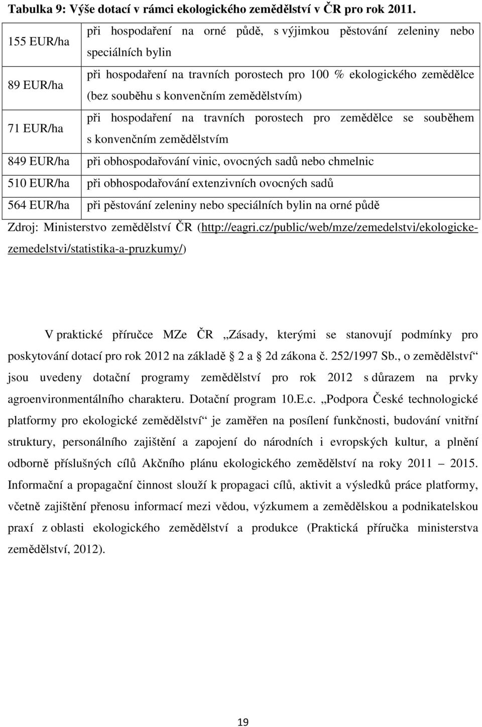 konvenčním zemědělstvím) při hospodaření na travních porostech pro zemědělce se souběhem 71 EUR/ha s konvenčním zemědělstvím 849 EUR/ha při obhospodařování vinic, ovocných sadů nebo chmelnic 510