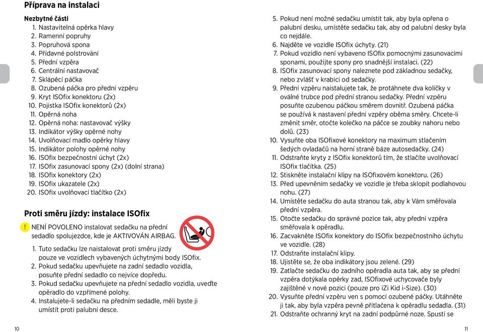 Uvolňovací madlo opěrky hlavy 15. Indikátor polohy opěrné nohy 16. ISOfix bezpečnostní úchyt (2x) 17. ISOfix zasunovací spony (2x) (dolní strana) 18. ISOfix konektory (2x) 19.