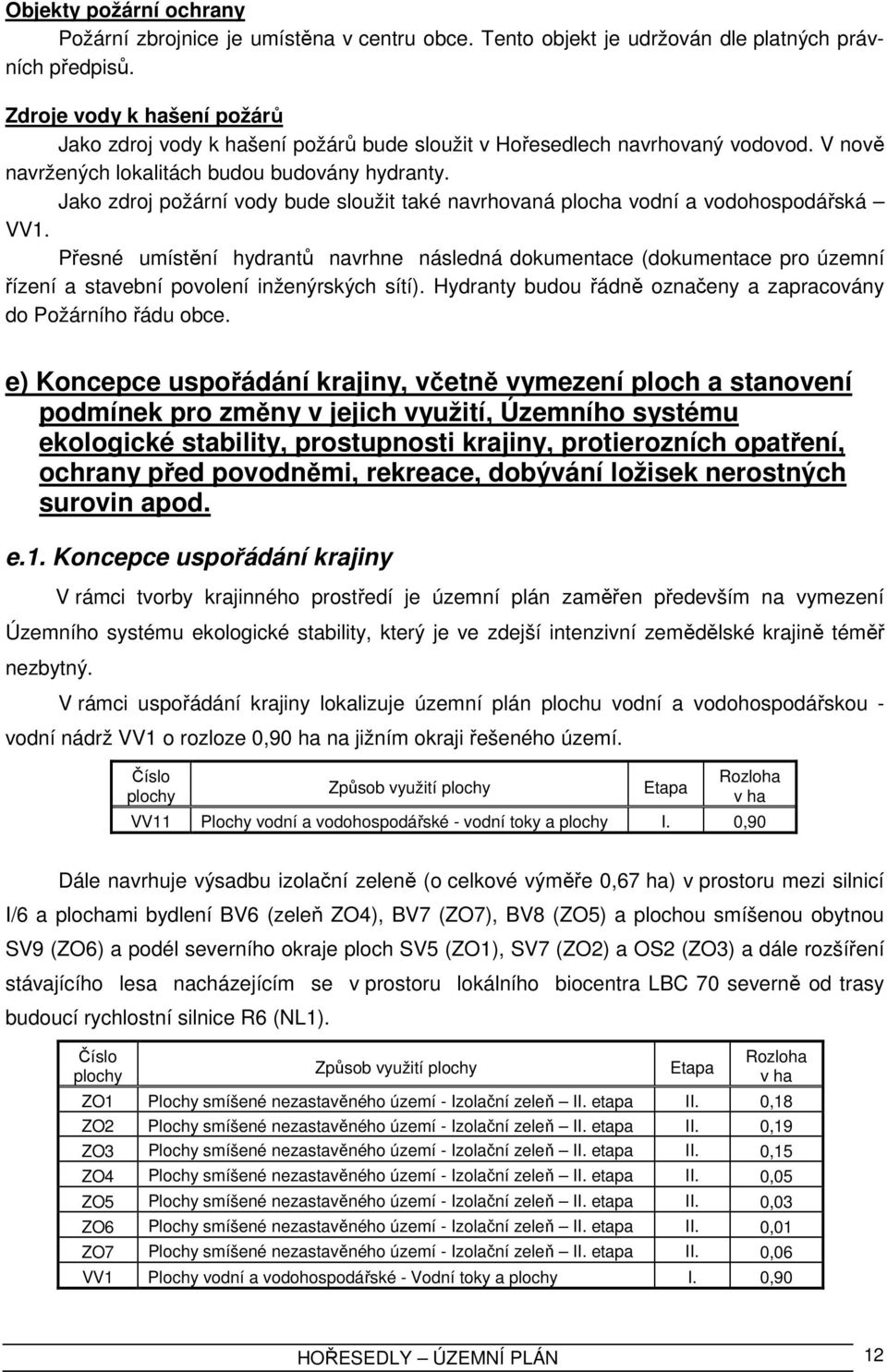 Jako zdroj požární vody bude sloužit také navrhovaná plocha vodní a vodohospodářská VV1.