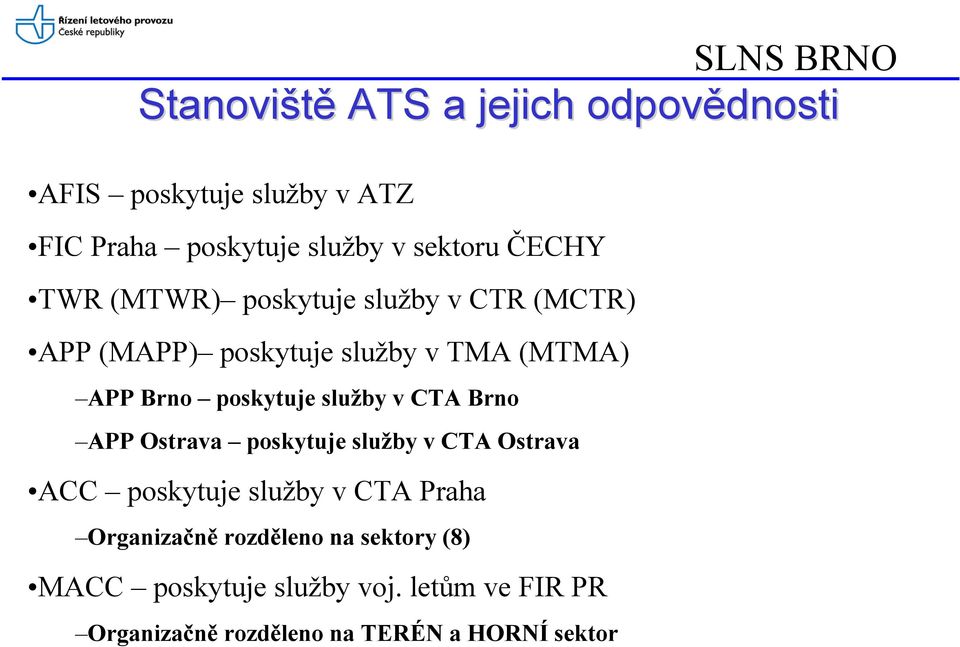 poskytuje služby v CTA Brno APP Ostrava poskytuje služby v CTA Ostrava ACC poskytuje služby v CTA Praha