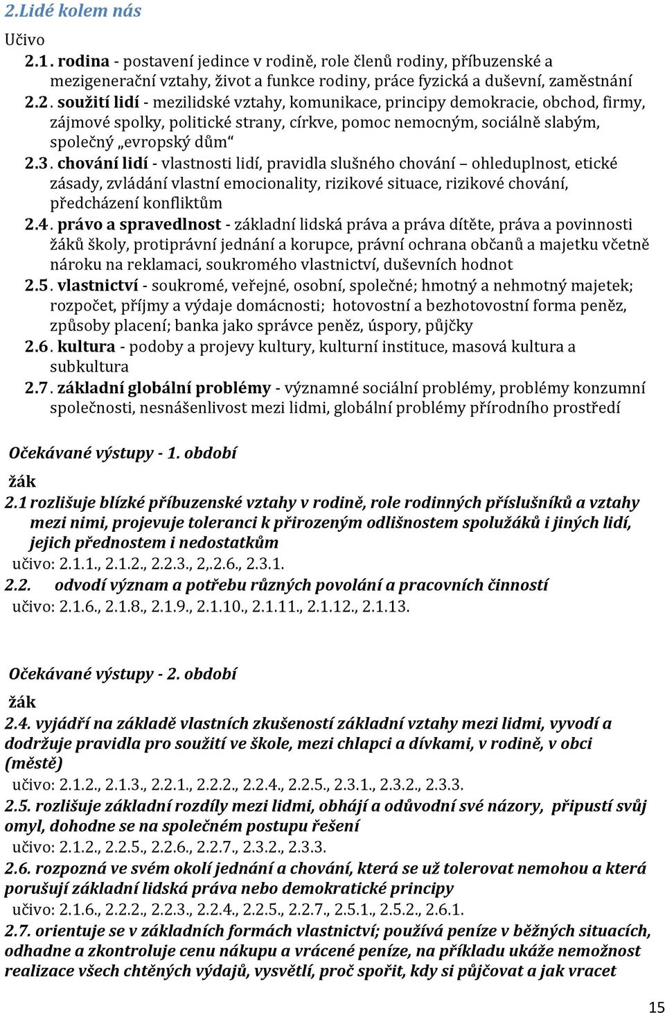 právo a spravedlnost - základní lidská práva a práva dítěte, práva a povinnosti žáků školy, protiprávní jednání a korupce, právní ochrana občanů a majetku včetně nároku na reklamaci, soukromého