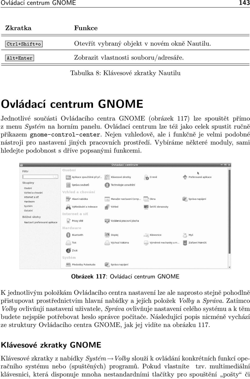 Ovládací centrum lze též jako celek spustit ručně příkazem gnome-control-center. Nejen vzhledově, ale i funkčně je velmi podobné nástroji pro nastavení jiných pracovních prostředí.