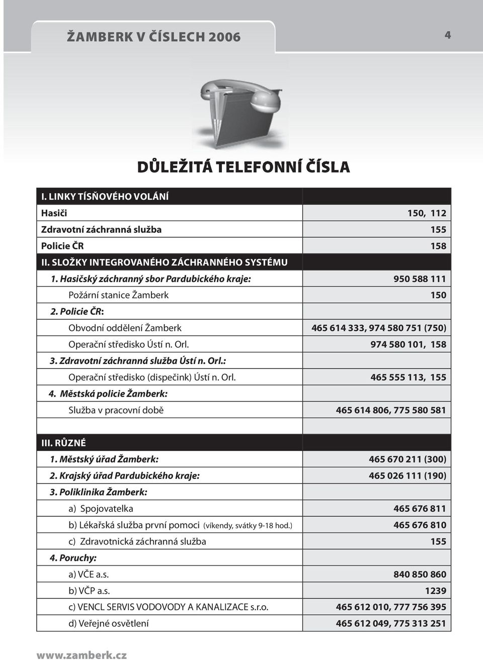 974 580 101, 158 3. Zdravotní záchranná služba Ústí n. Orl.: Operační středisko (dispečink) Ústí n. Orl. 465 555 113, 155 4.