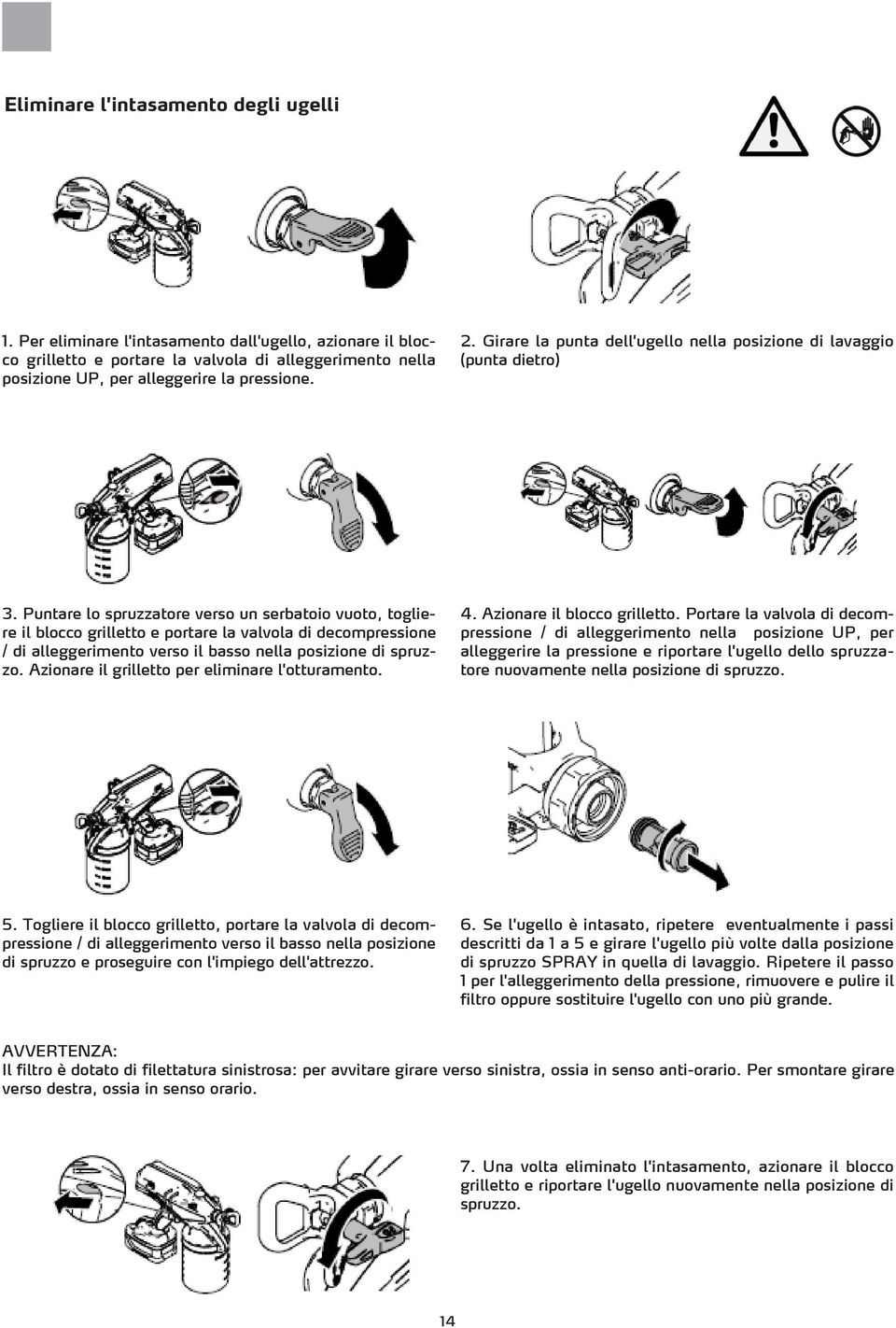 Puntare lo spruzzatore verso un serbatoio vuoto, togliere il blocco grilletto e portare la valvola di decompressione / di alleggerimento verso il basso nella posizione di spruzzo.