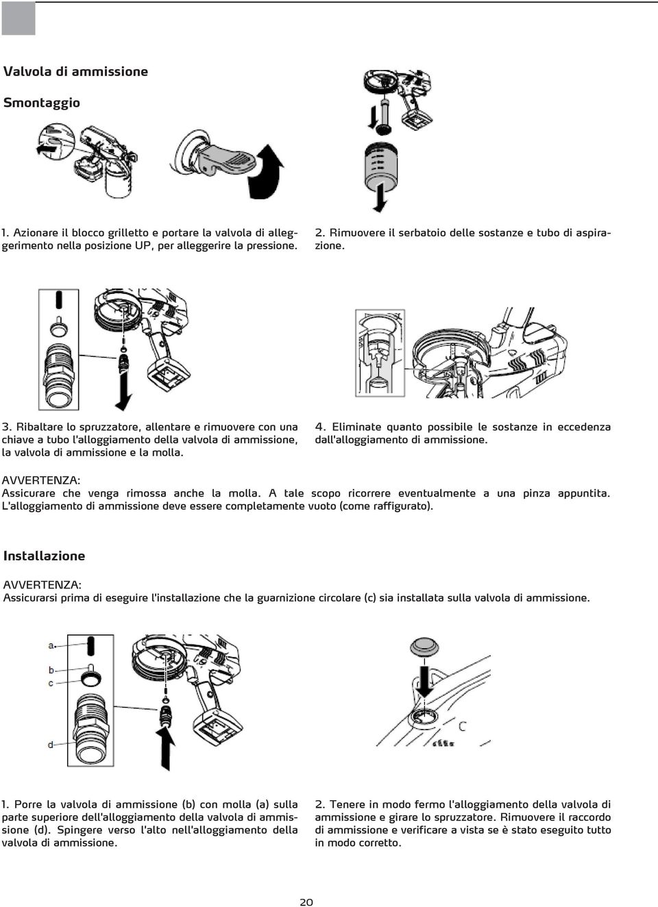 Ribaltare lo spruzzatore, allentare e rimuovere con una chiave a tubo l'alloggiamento della valvola di ammissione, la valvola di ammissione e la molla. 4.