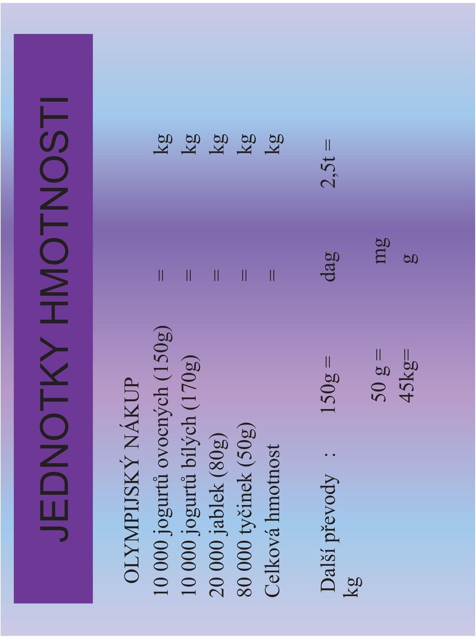 000 jablek (80g) = kg 80 000 tyčinek (50g) = kg Celková