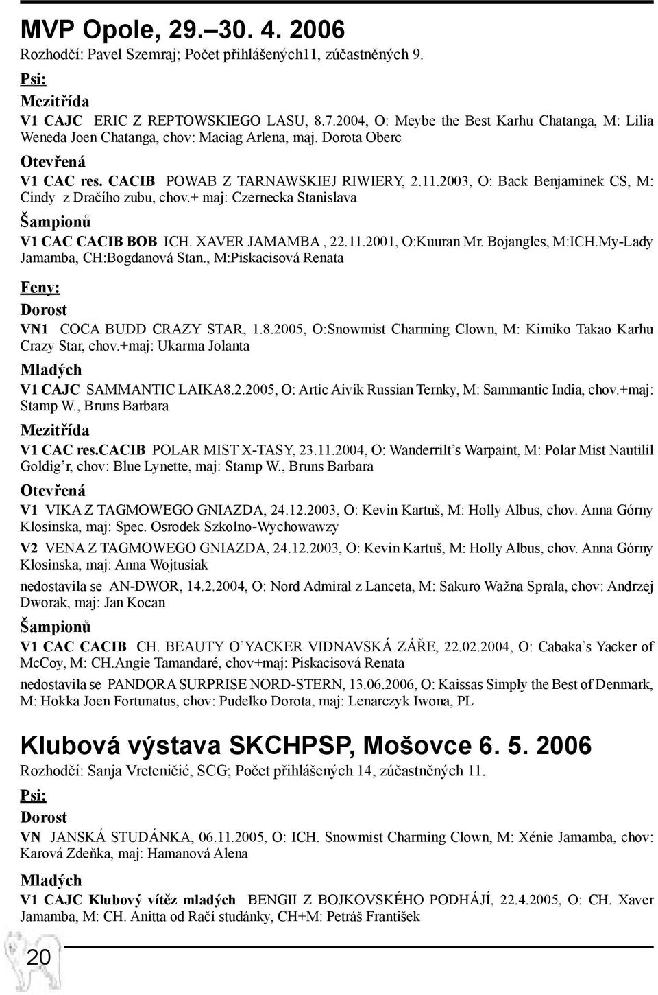 2003, O: Back Benjaminek CS, M: Cindy z Dračího zubu, chov.+ maj: Czernecka Stanislava Šampionů V1 CAC CACIB BOB ICH. Xaver Jamamba, 22.11.2001, O:Kuuran Mr. Bojangles, M:ICH.