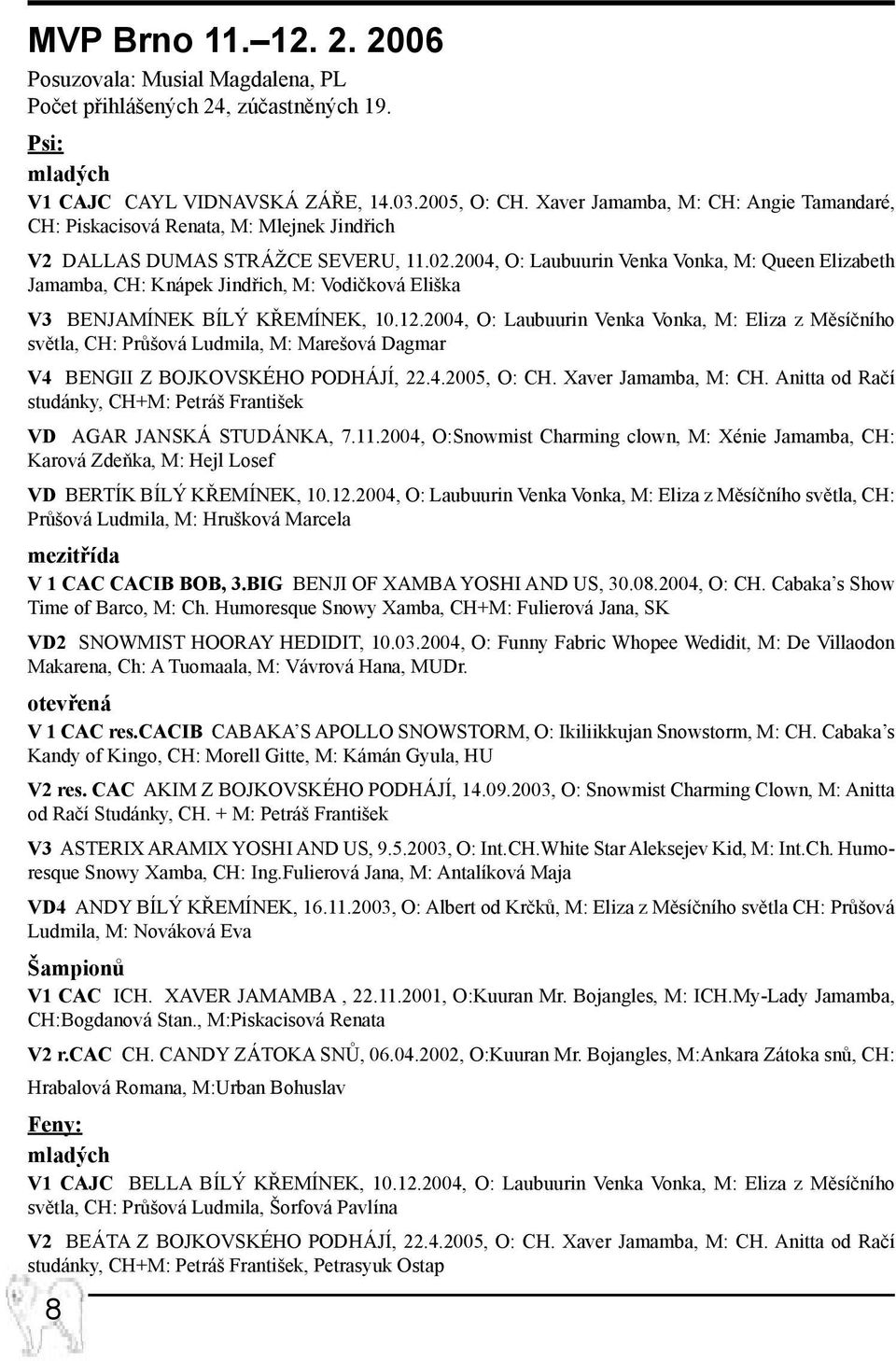 2004, O: Laubuurin Venka Vonka, M: Queen Elizabeth Jamamba, CH: Knápek Jindřich, M: Vodičková Eliška V3 BENJAMÍNEK BÍLÝ KŘEMÍNEK, 10.12.