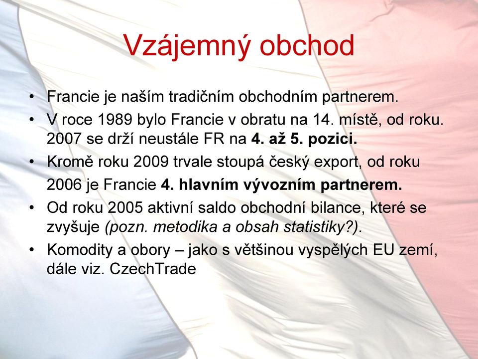 Kromě roku 2009 trvale stoupá český export, od roku 2006 je Francie 4. hlavním vývozním partnerem.