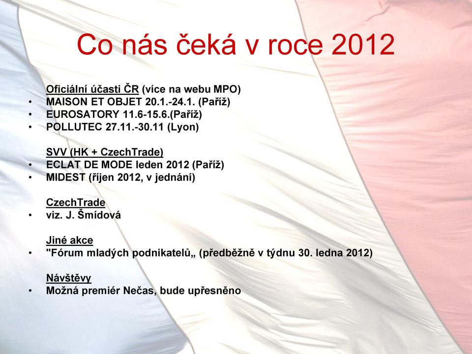 11 (Lyon) SVV (HK + CzechTrade) ECLAT DE MODE leden 2012 (Paříţ) MIDEST (říjen 2012, v jednání)