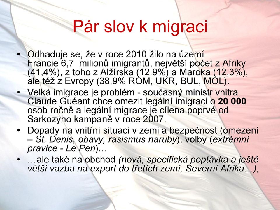 Velká imigrace je problém - současný ministr vnitra Claude Guéant chce omezit legální imigraci o 20 000 osob ročně a legální migrace je cílena poprvé od