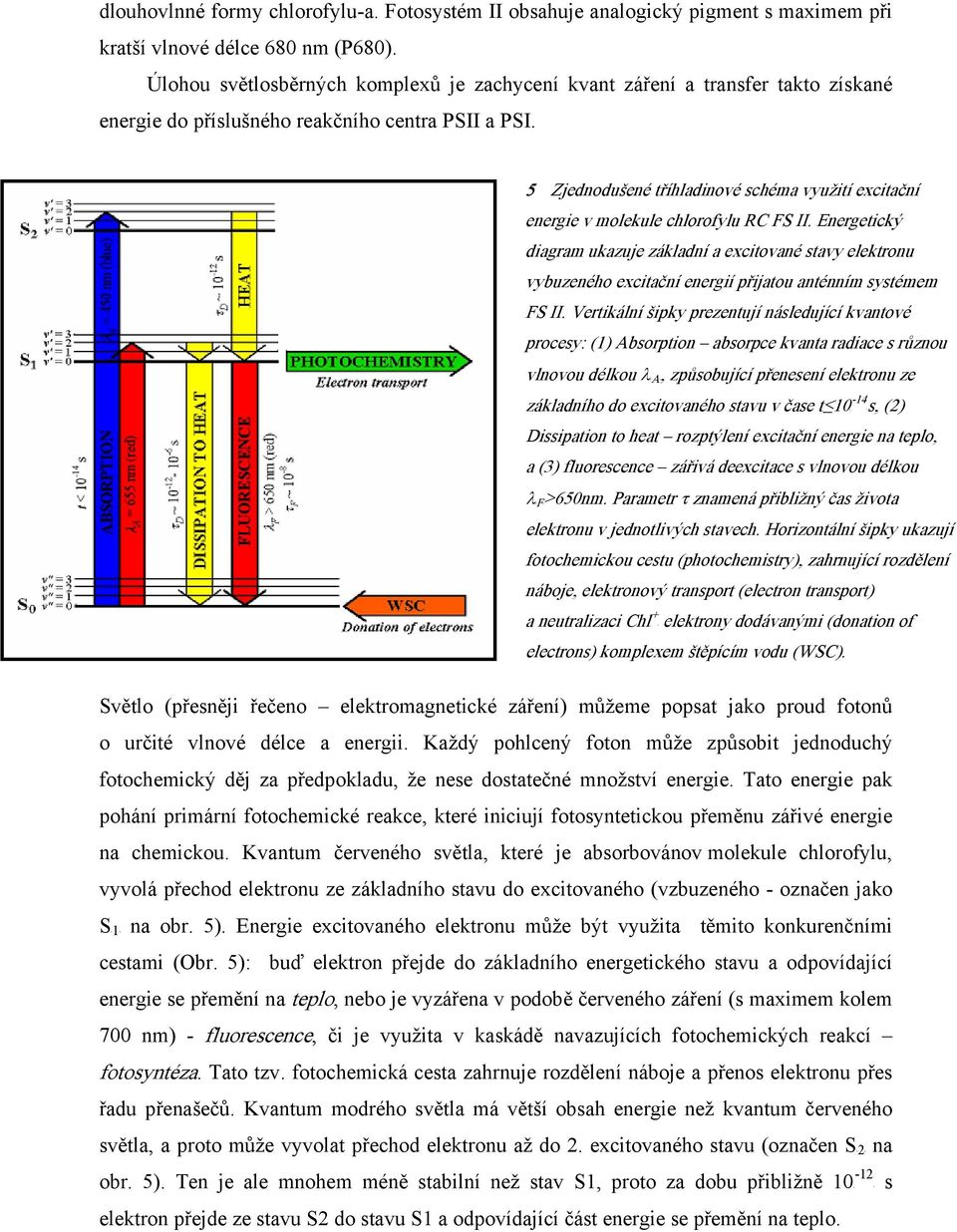 5 Zjednodušené tříhladinové schéma využití excitační energie v molekule chlorofylu RC FS II.