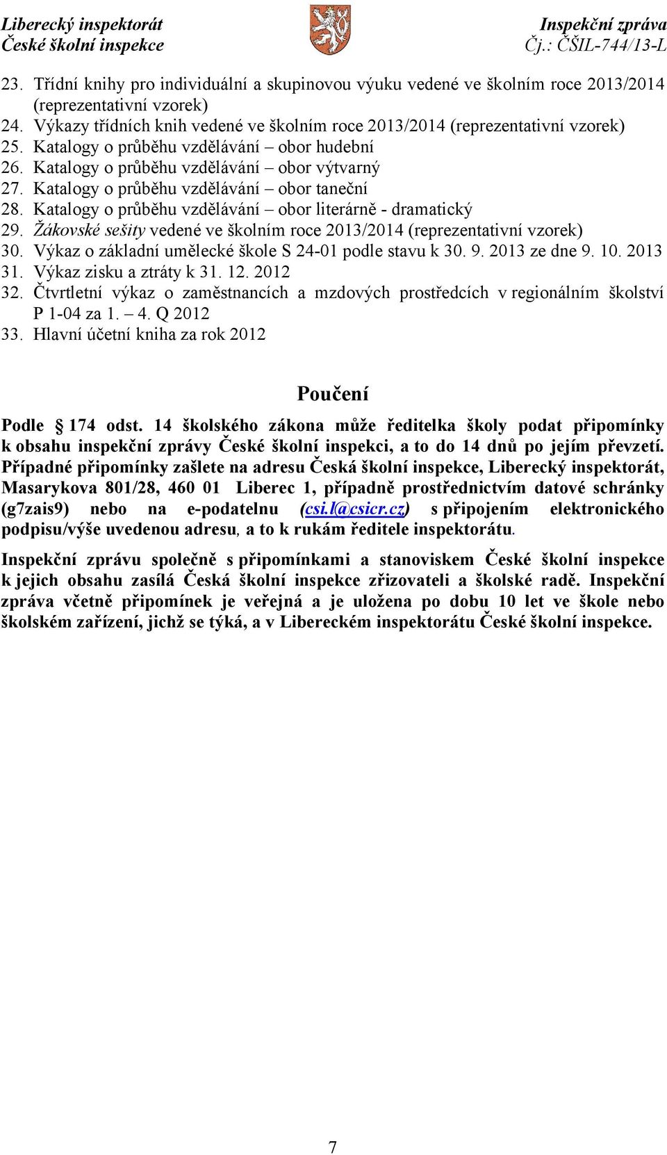 Katalogy o průběhu vzdělávání obor literárně - dramatický 29. Žákovské sešity vedené ve školním roce 2013/2014 (reprezentativní vzorek) 30. Výkaz o základní umělecké škole S 24-01 podle stavu k 30. 9.