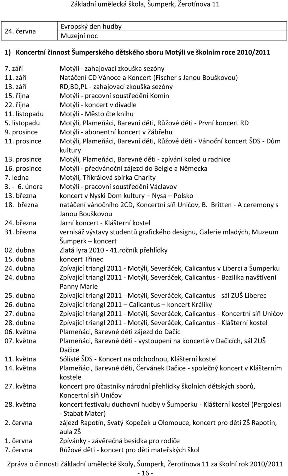 listopadu Motýli - Město čte knihu 5. listopadu Motýli, Plameňáci, Barevní děti, Růžové děti - První koncert RD 9. prosince Motýli - abonentní koncert v Zábřehu 11.