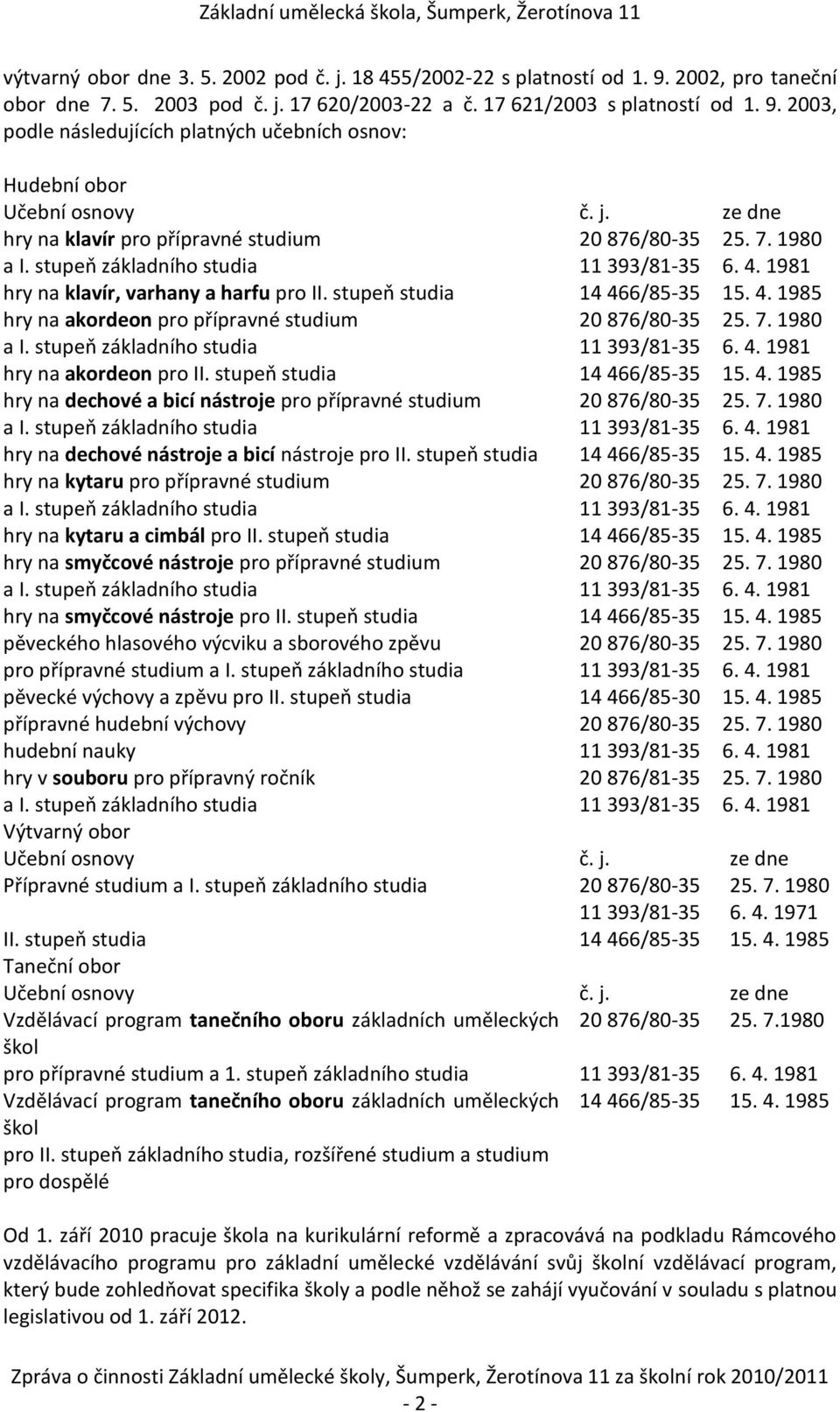 7. 1980 a I. stupeň základního studia 11 393/81-35 6. 4. 1981 hry na akordeon pro II. stupeň studia 14 466/85-35 15. 4. 1985 hry na dechové a bicí nástroje pro přípravné studium 20 876/80-35 25. 7.