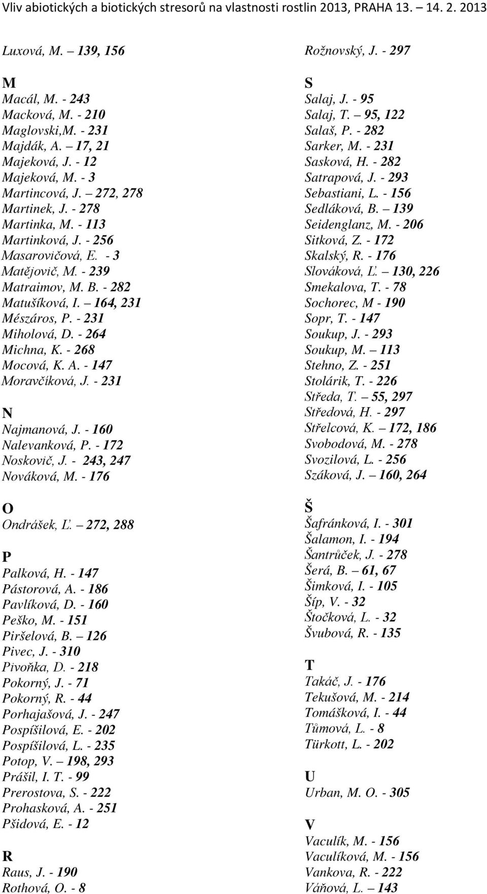 - 147 Moravčíková, J. - 231 N Najmanová, J. - 160 Nalevanková, P. - 172 Noskovič, J. - 243, 247 Nováková, M. - 176 O Ondrášek, Ľ. 272, 288 P Palková, H. - 147 Pástorová, A. - 186 Pavlíková, D.