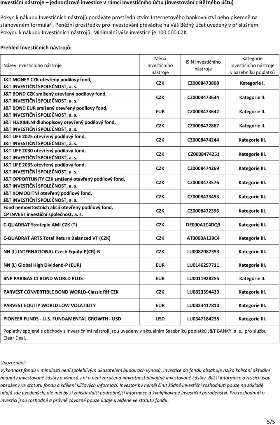 Název Investičního J&T MONEY CZK otevřený J&T BOND CZK smíšený otevřený J&T BOND EUR smíšený otevřený J&T FLEXIBILNÍ dluhopisový otevřený J&T LIFE 2025 otevřený J&T LIFE 2030 otevřený J&T LIFE 2035