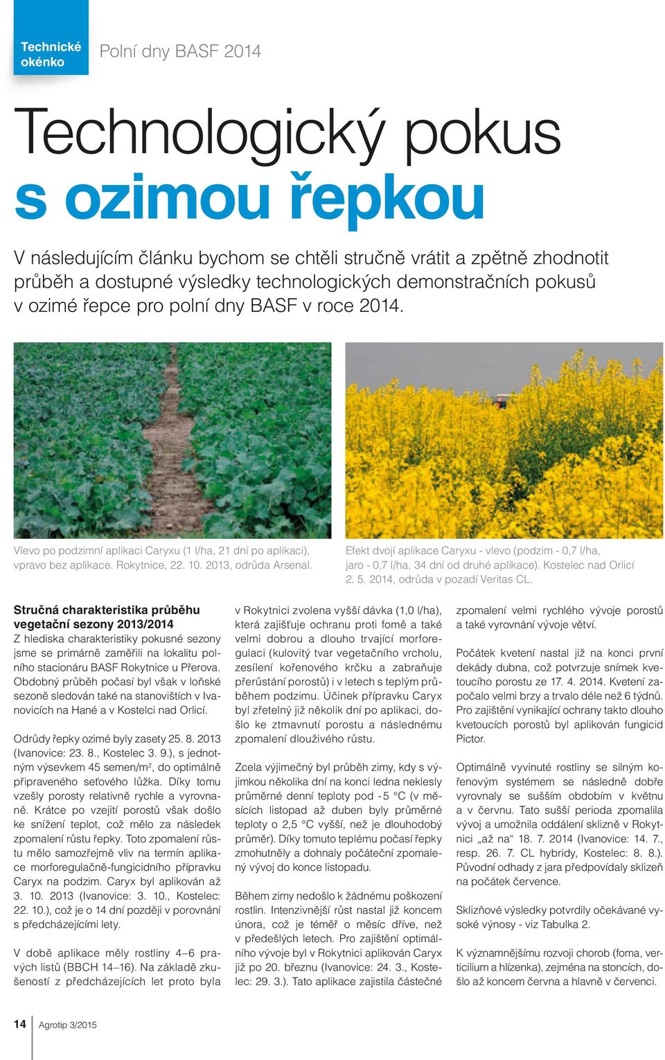 Efekt dvojí aplikace Caryxu - vlevo (podzim - 0,7 l/ha, jaro - 0,7 l/ha, 34 dní od druhé aplikace). Kostelec nad Orlicí 2. 5. 2014, odrůda v pozadí Veritas CL.