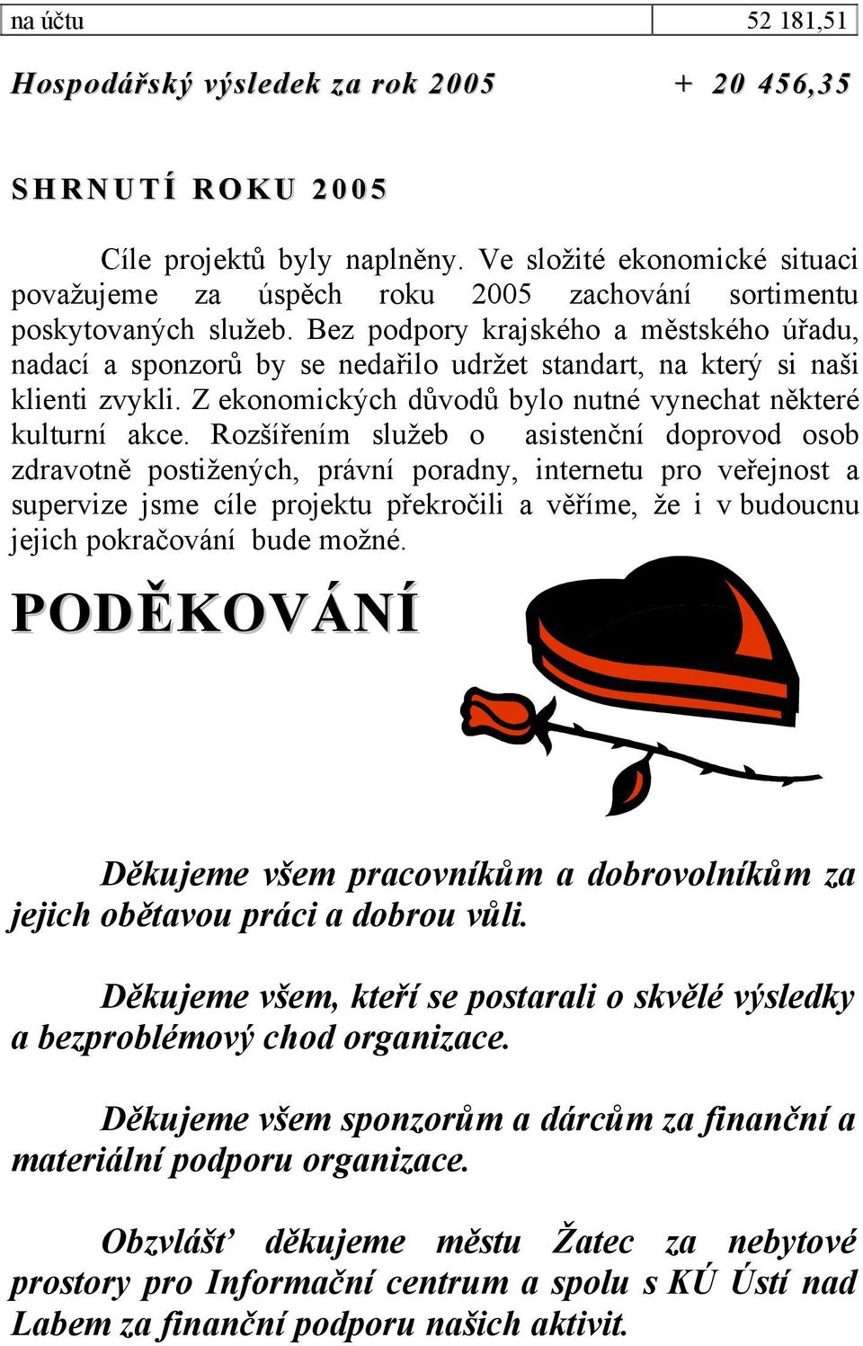 Bez podpory krajského a městského úřadu, nadací a sponzorů by se nedařilo udržet standart, na který si naši klienti zvykli. Z ekonomických důvodů bylo nutné vynechat některé kulturní akce.