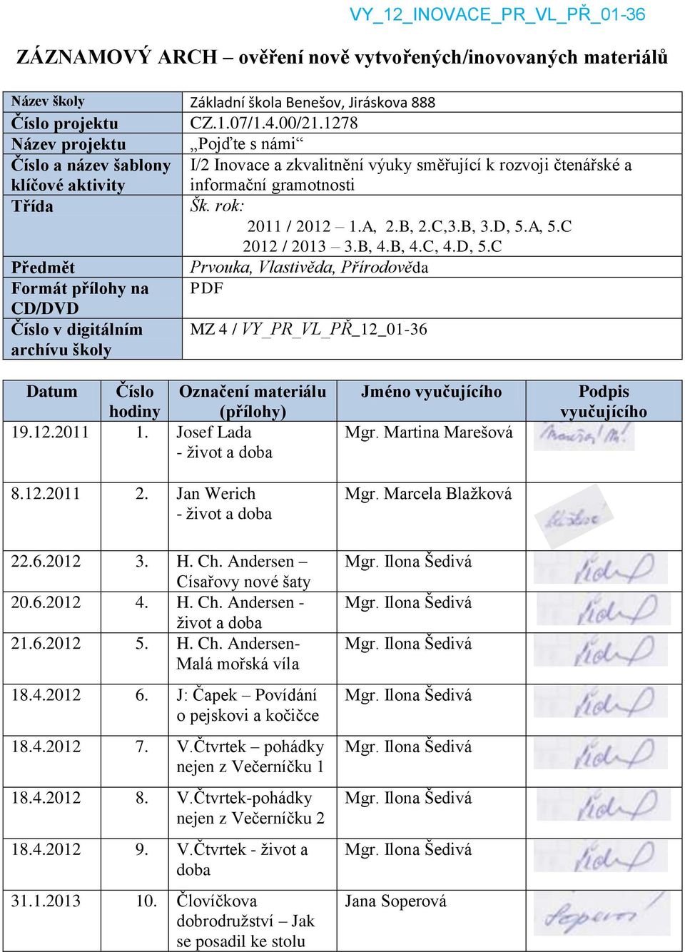 C,3.B, 3.D, 5.A, 5.C 2012 / 2013 3.B, 4.B, 4.C, 4.D, 5.C Předmět Prvouka, Vlastivěda, Přírodověda Formát přílohy na PDF CD/DVD Číslo v digitálním MZ 4 / VY_PR_VL_PŘ_12_01-36 archívu školy Datum Číslo hodiny Označení materiálu (přílohy) 19.