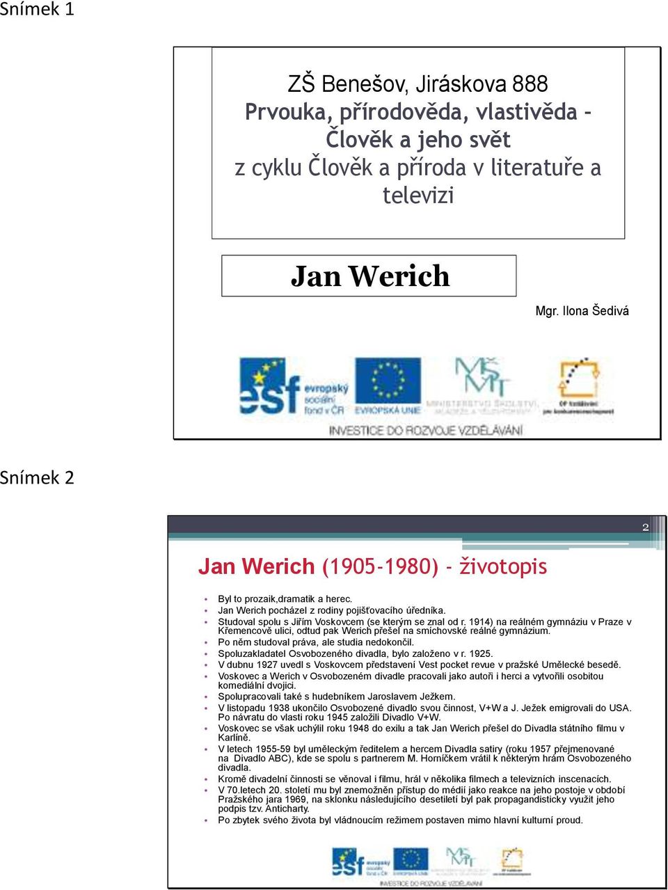 Studoval spolu s Jiřím Voskovcem (se kterým se znal od r. 1914) na reálném gymnáziu v Praze v Křemencově ulici, odtud pak Werich přešel na smíchovské reálné gymnázium.