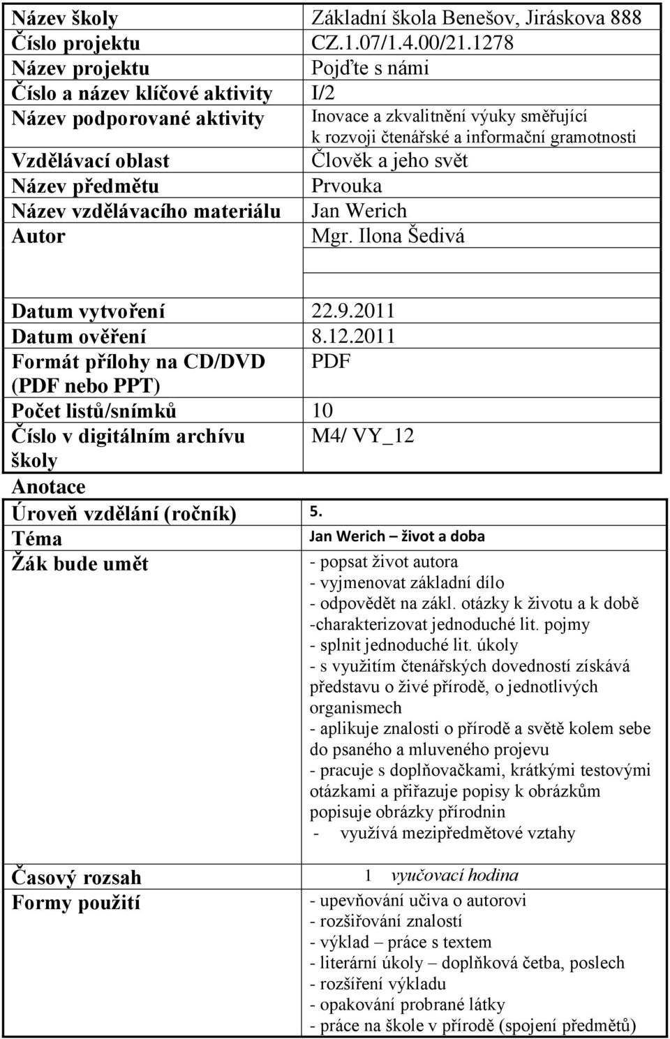 Autor k rozvoji čtenářské a informační gramotnosti Člověk a jeho svět Prvouka Jan Werich Mgr. Ilona Šedivá Datum vytvoření 22.9.2011 Datum ověření 8.12.