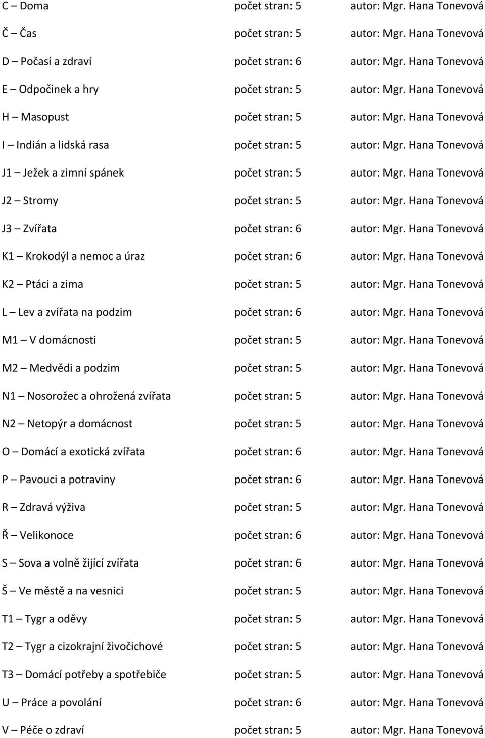 Hana Tonevová J2 Stromy počet stran: 5 autor: Mgr. Hana Tonevová J3 Zvířata počet stran: 6 autor: Mgr. Hana Tonevová K1 Krokodýl a nemoc a úraz počet stran: 6 autor: Mgr.