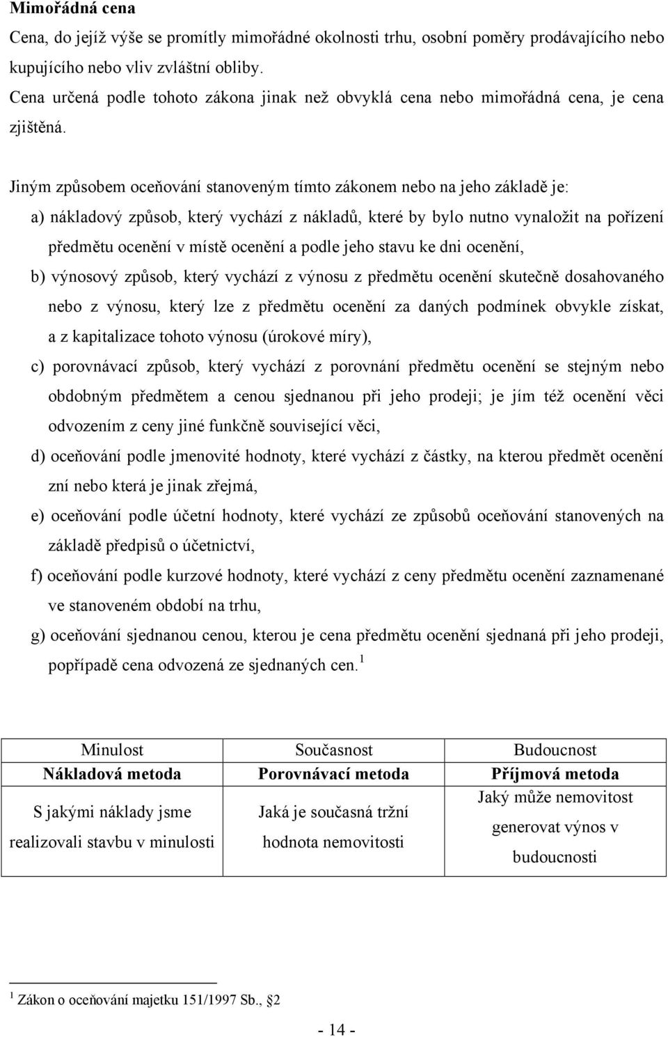 Jiným způsobem oceňování stanoveným tímto zákonem nebo na jeho základě je: a) nákladový způsob, který vychází z nákladů, které by bylo nutno vynaložit na pořízení předmětu ocenění v místě ocenění a