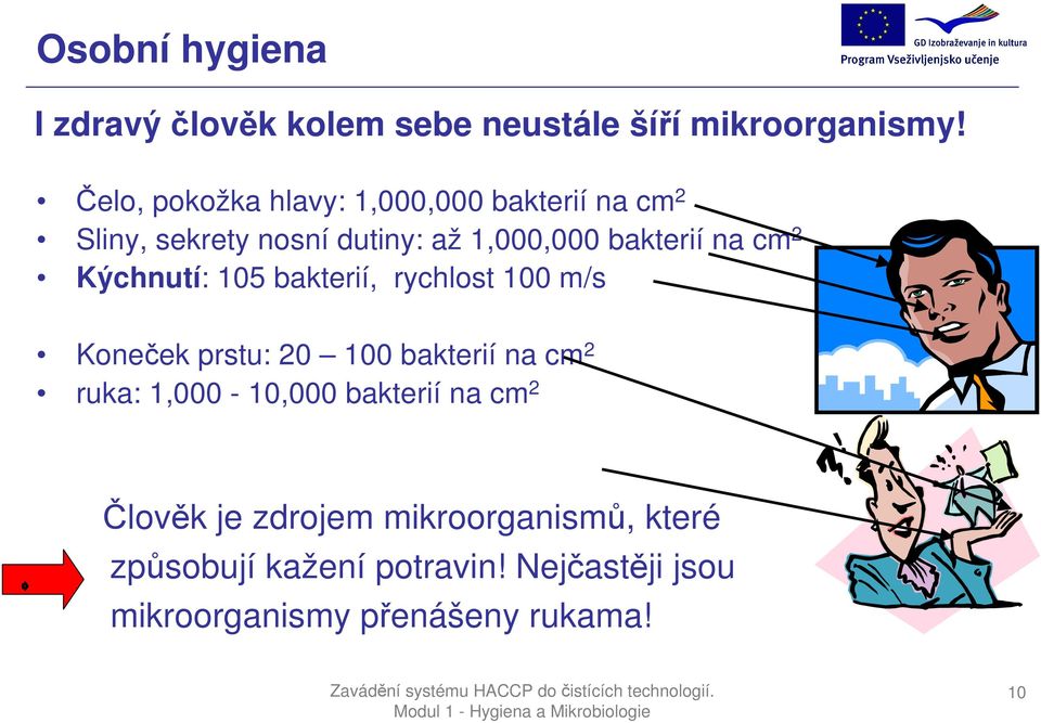 cm 2 Kýchnutí: 105 bakterií, rychlost 100 m/s Koneček prstu: 20 100 bakterií na cm 2 ruka: 1,000-10,000