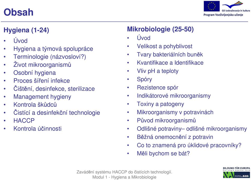 technologie HACCP Kontrola účinnosti Mikrobiologie (25-50) Úvod Velikost a pohyblivost Tvary bakteriálních buněk Kvantifikace a Identifikace Vliv ph a teploty