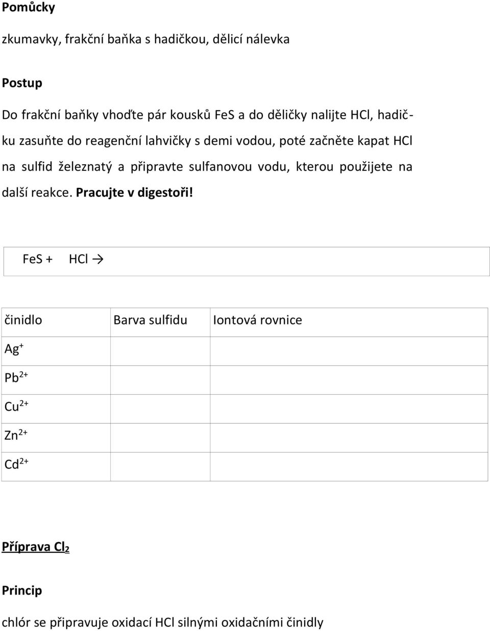 a připravte sulfanovou vodu, kterou použijete na další reakce. Pracujte v digestoři!