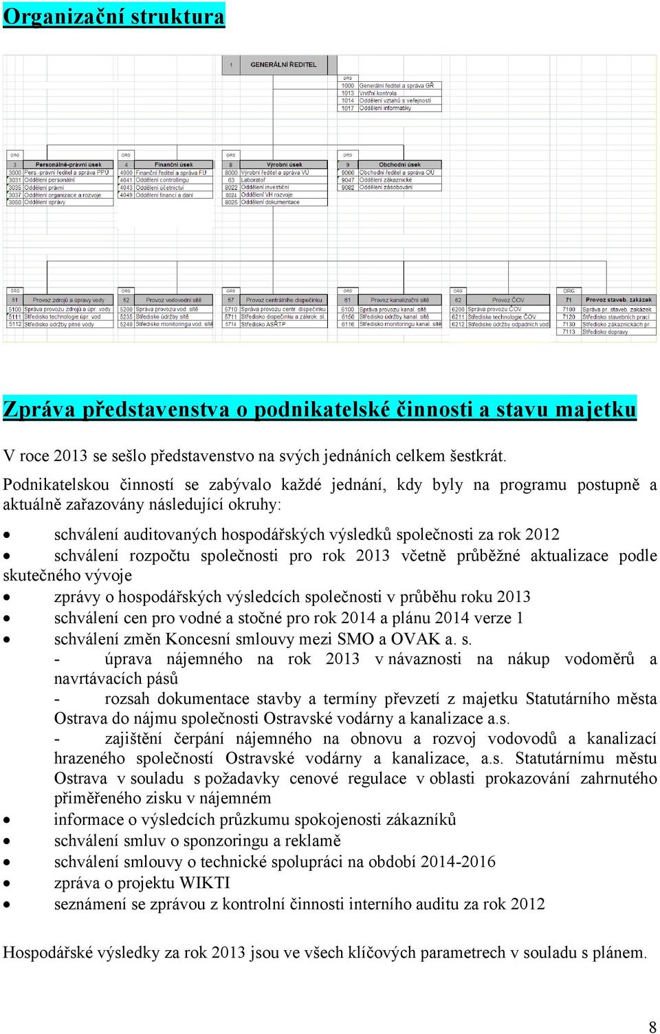 schválení rozpočtu společnosti pro rok 2013 včetně průběžné aktualizace podle skutečného vývoje zprávy o hospodářských výsledcích společnosti v průběhu roku 2013 schválení cen pro vodné a stočné pro