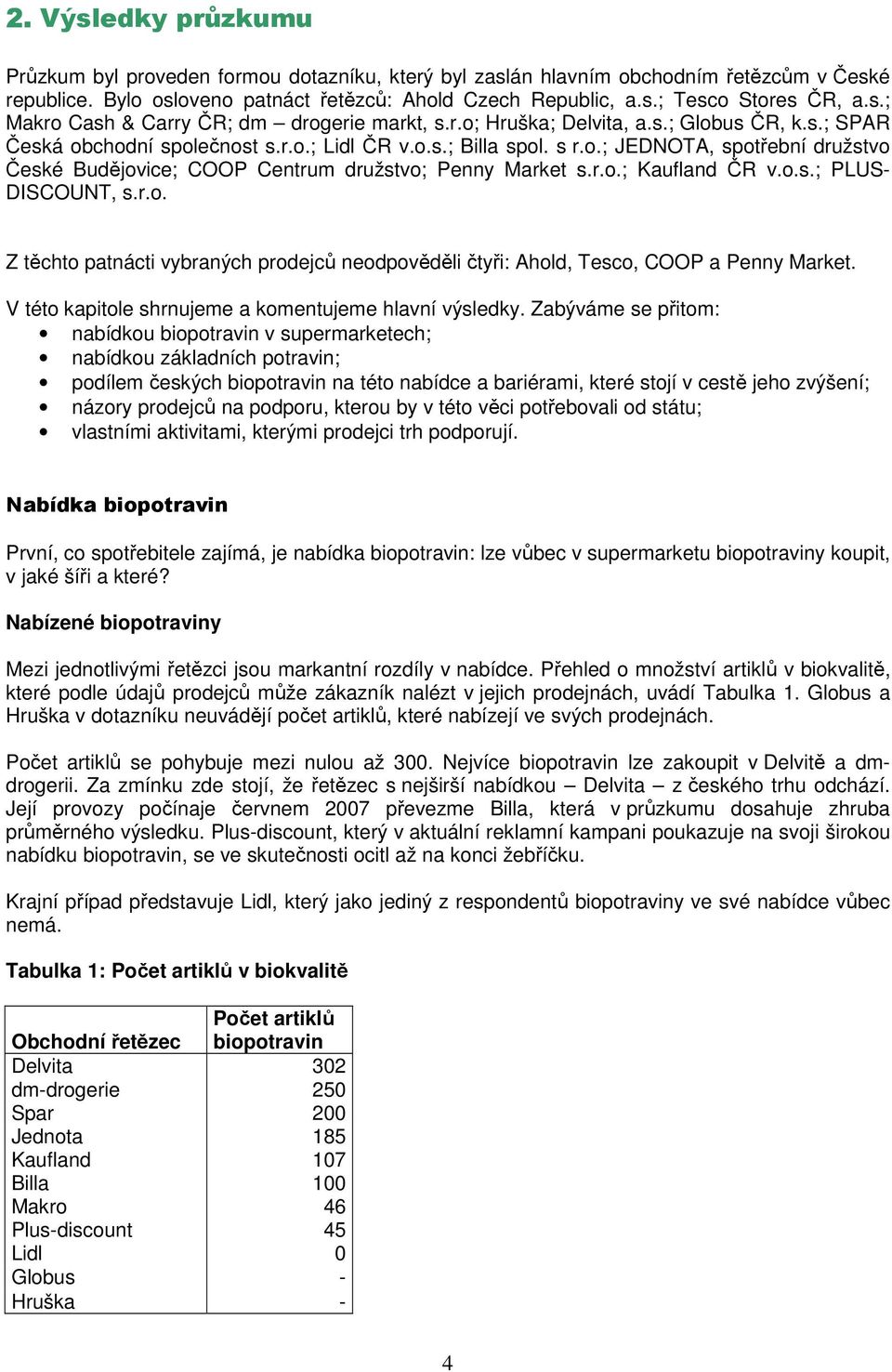 r.o.; Kaufland ČR v.o.s.; PLUS- DISCOUNT, s.r.o. Z těchto patnácti vybraných prodejců neodpověděli čtyři: Ahold, Tesco, COOP a Penny Market. V této kapitole shrnujeme a komentujeme hlavní výsledky.