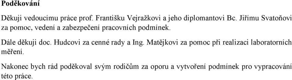 Hudcovi za cenné rady a Ing. Matějkovi za pomoc při realizaci laboratorních měření.