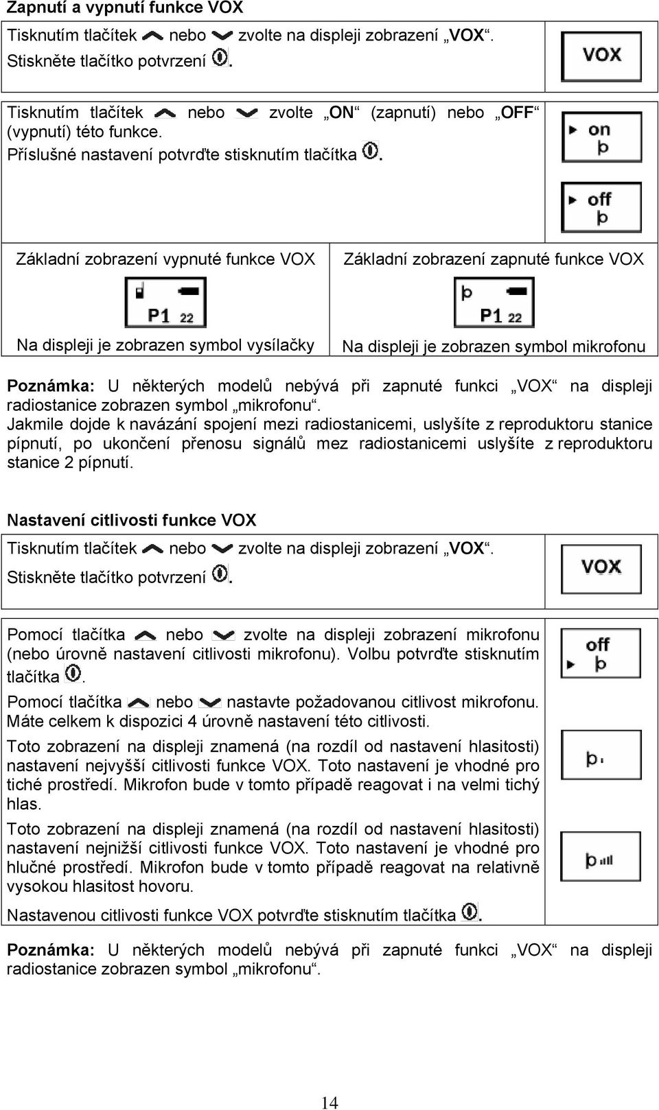 Základní zobrazení vypnuté funkce VOX Základní zobrazení zapnuté funkce VOX Na displeji je zobrazen symbol vysílačky Na displeji je zobrazen symbol mikrofonu Poznámka: U některých modelů nebývá při