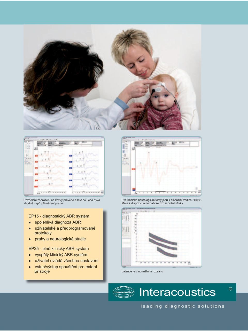 EP15 - diagnostický ABR systém spolehlivá diagnóza ABR uživatelské a předprogramované protokoly prahy a neurologické studie EP25 - plně