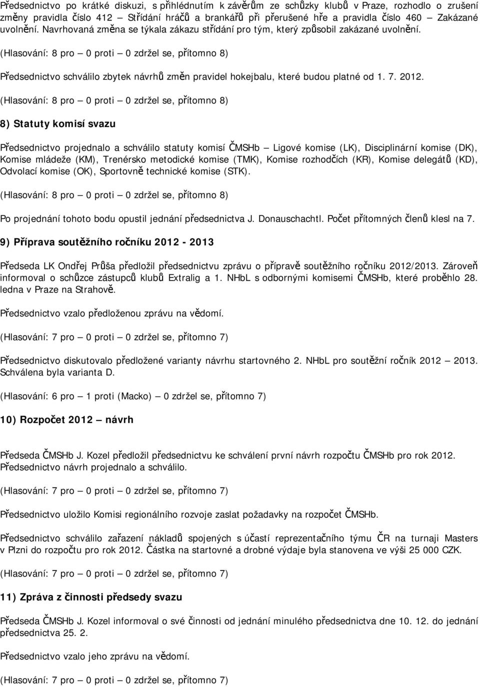 (Hlasování: 8 pro 0 proti 0 zdržel se, přítomno 8) Předsednictvo schválilo zbytek návrhů změn pravidel hokejbalu, které budou platné od 1. 7. 2012.