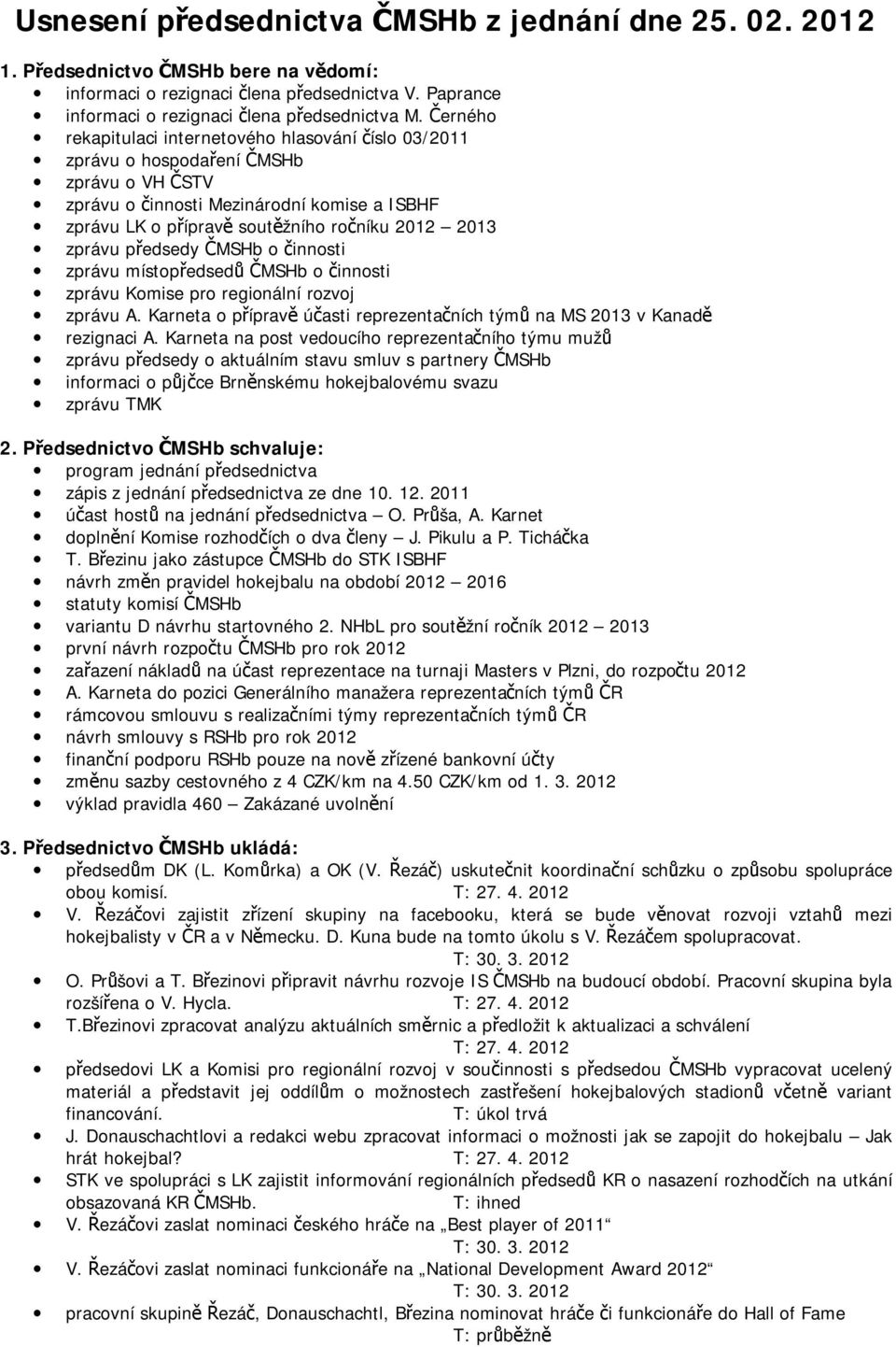 zprávu předsedy ČMSHb o činnosti zprávu místopředsedů ČMSHb o činnosti zprávu Komise pro regionální rozvoj zprávu A. Karneta o přípravě účasti reprezentačních týmů na MS 2013 v Kanadě rezignaci A.