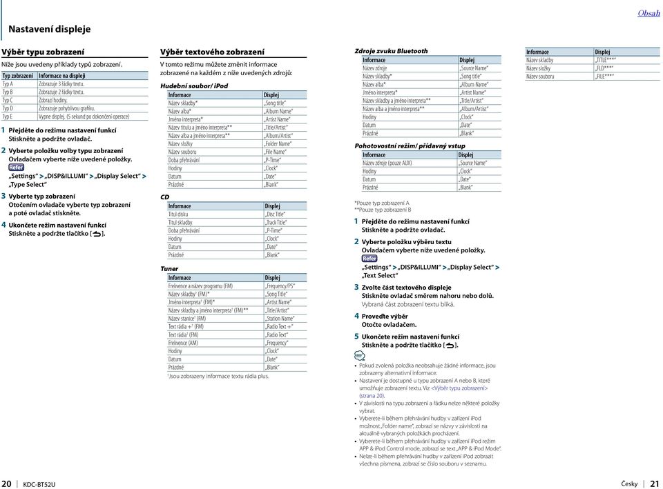 (5 sekund po dokončení operace) 1 Přejděte do režimu nastavení funkcí 2 Vyberte položku volby typu zobrazení Settings > DISP&ILLUMI > Display Select > Type Select 3 Vyberte typ zobrazení Otočením