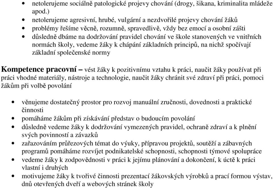 škole stanovených ve vnitřních normách školy, vedeme žáky k chápání základních principů, na nichž spočívají základní společenské normy Kompetence pracovní vést žáky k pozitivnímu vztahu k práci,