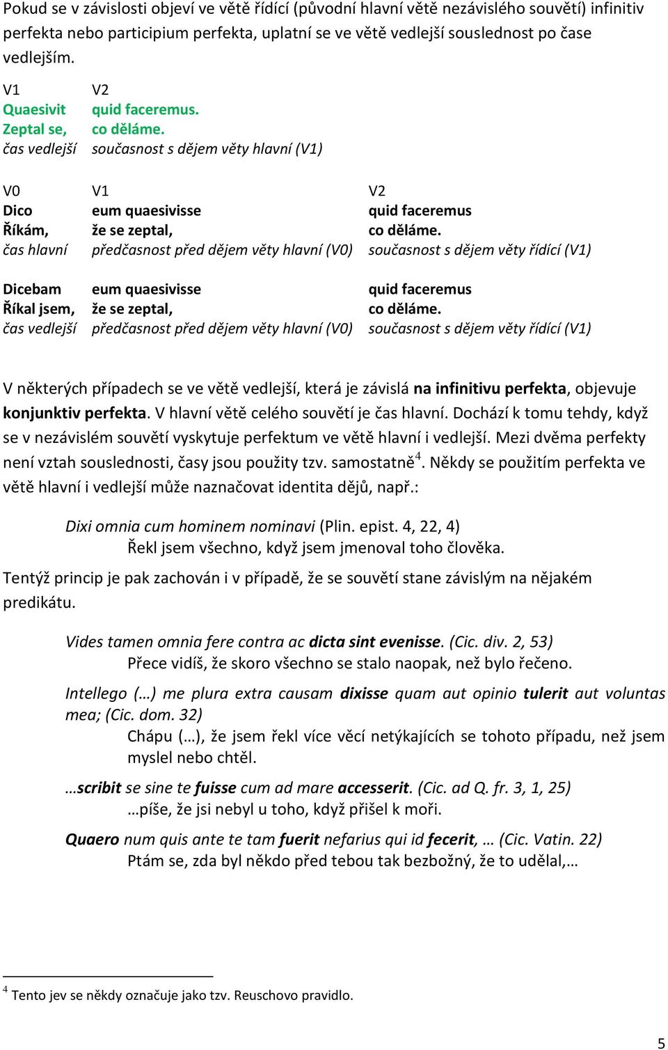 Říkám, eum quaesivisse že se zeptal, quid faceremus předčasnost před dějem věty hlavní (V0) současnost s dějem věty řídící (V1) Dicebam eum quaesivisse quid faceremus Říkal jsem, že se zeptal,