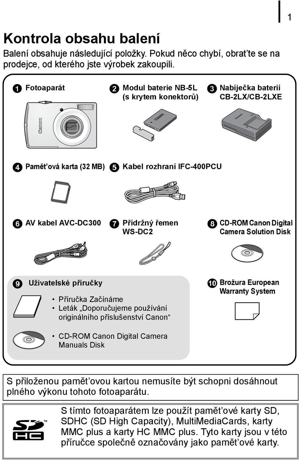 CD-ROM Canon Digital Camera Solution Disk i Uživatelské příručky P íručka Začínáme Leták Doporučujeme používání originálního p íslušenství Canon CD-ROM Canon Digital Camera Manuals Disk j Brožura