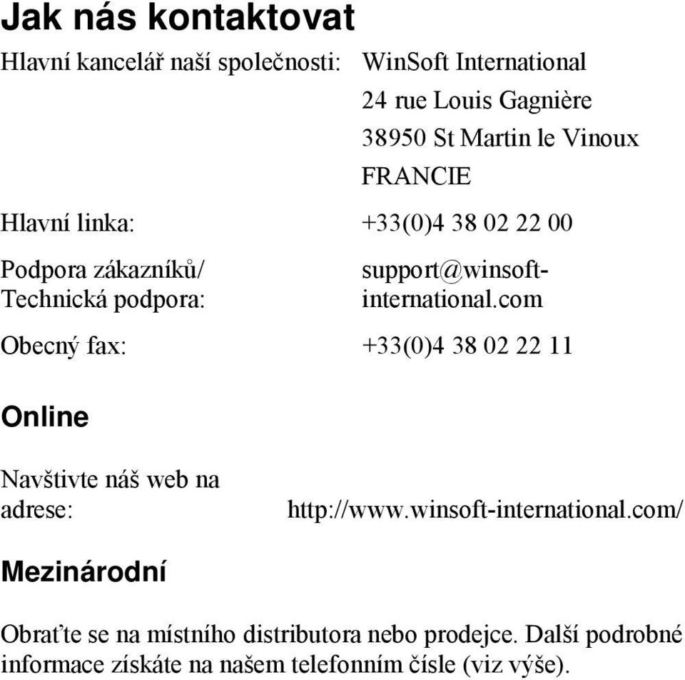 com Obecný fax: +33(0)4 38 02 22 11 Online Navštivte náš web na adrese: http://www.winsoft-international.