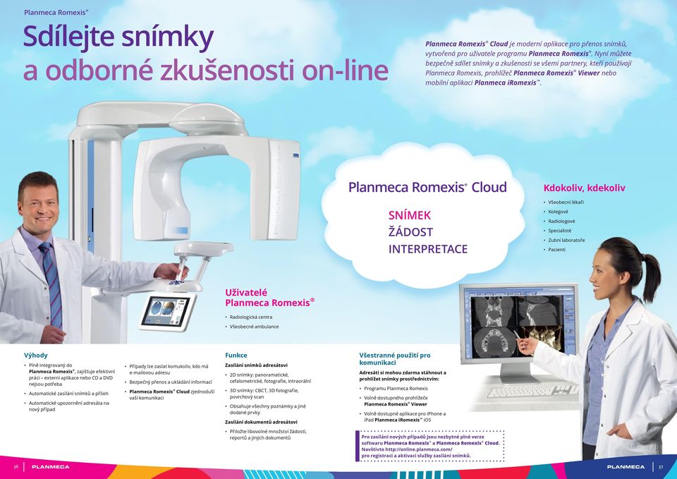 Planmeca Romexis Cloud SNÍMEK ŽÁDOST INTERPRETACE Kdokoliv, kdekoliv Všeobecní lékaři Kolegové Radiologové Specialisté Zubní laboratoře Pacienti Uživatelé Planmeca Romexis Radiologická centra