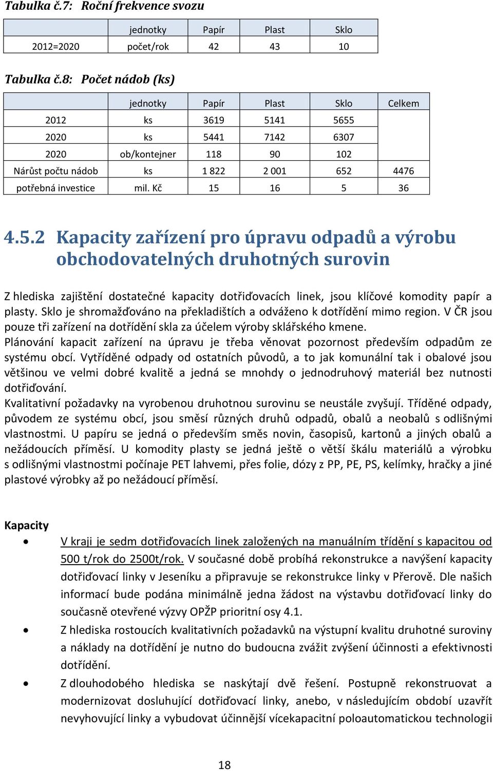 Kč 15 16 5 36 4.5.2 Kapacity zařízení pro úpravu odpadů a výrobu obchodovatelných druhotných surovin Z hlediska zajištění dostatečné kapacity dotřiďovacích linek, jsou klíčové komodity papír a plasty.