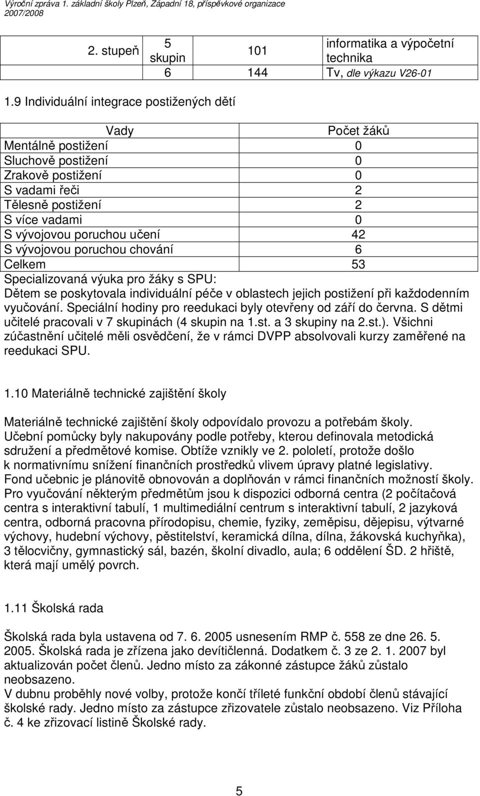 42 S vývojovou poruchou chování 6 Celkem 53 Specializovaná výuka pro žáky s SPU: Dětem se poskytovala individuální péče v oblastech jejich postižení při každodenním vyučování.